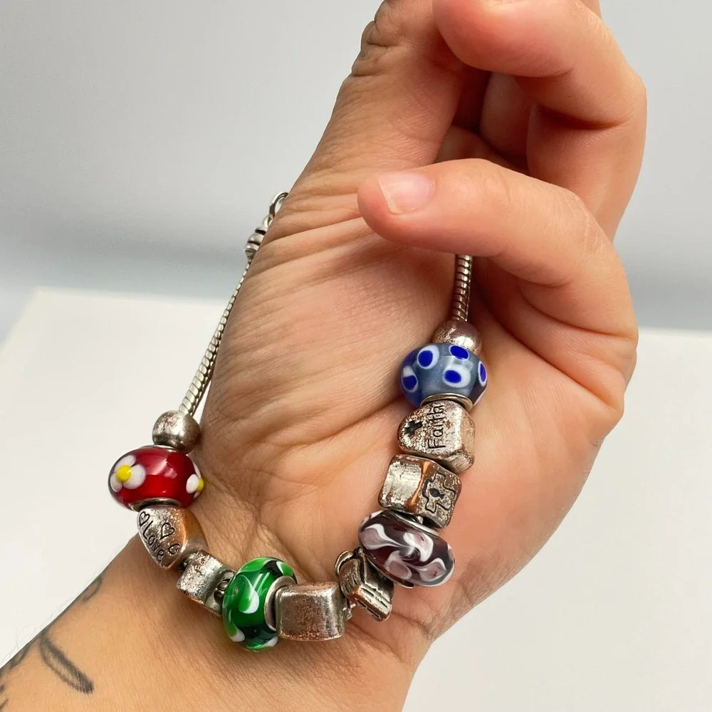 Vintage Y2K Silver Charm Bracelet Beaded Faith Hope Love Religious Jewelry Retro